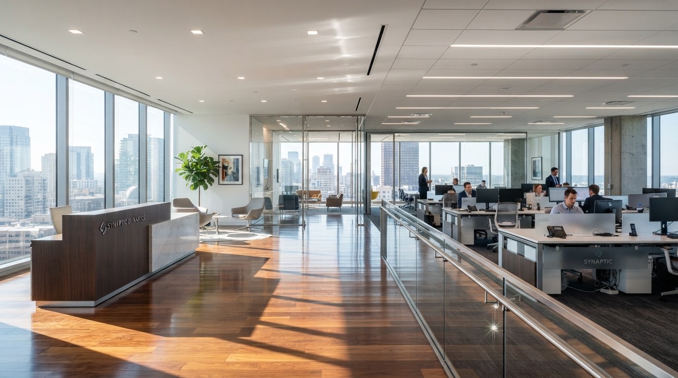 A bright modern office with glass partitions, a reception area and wood flooring